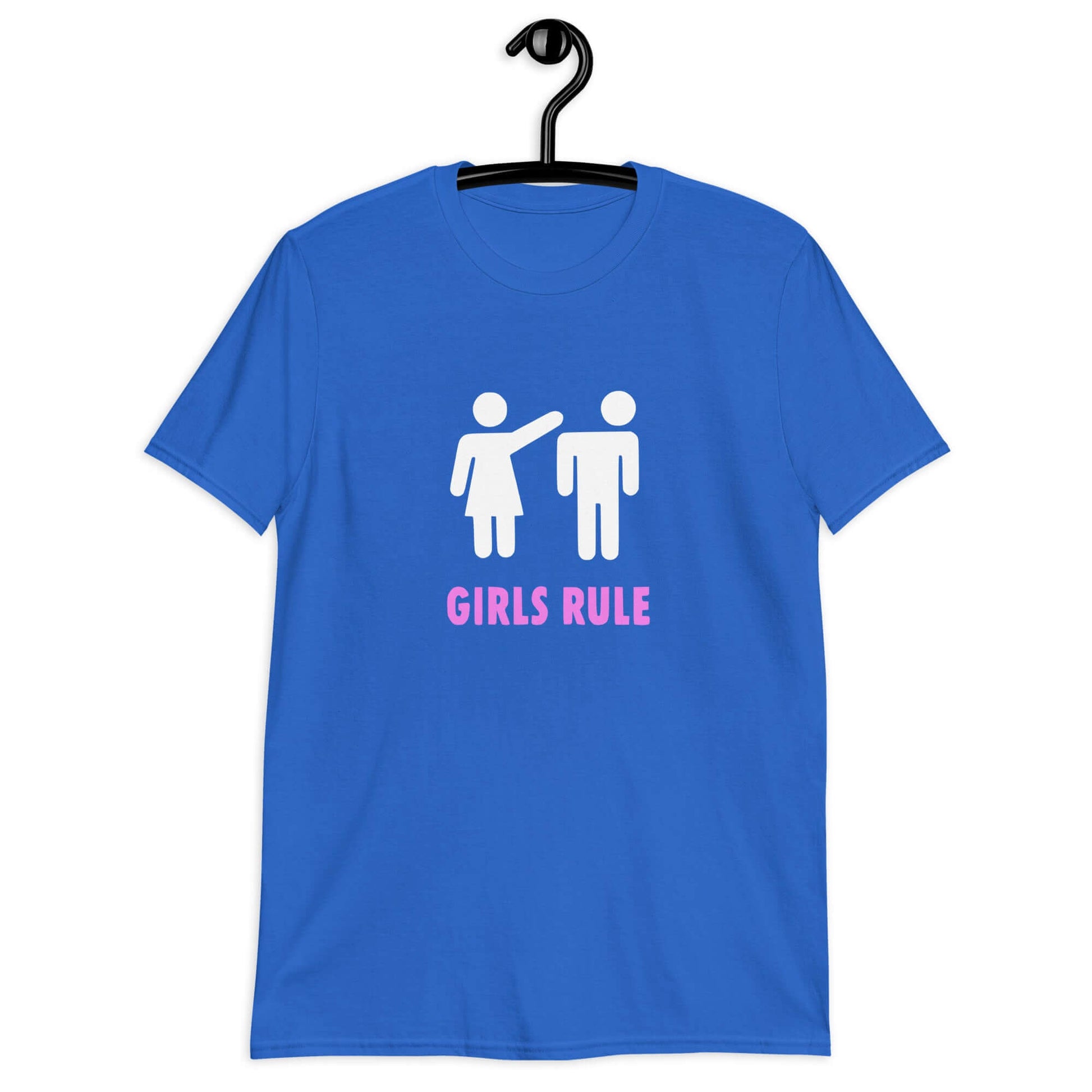 Royal blue t-shirt with an image of a stick figure man and woman. The stick woman is punching the stick mans head off and the words Girls rule is printed beneath in hot pink. The graphics are printed on the front of the shirt.