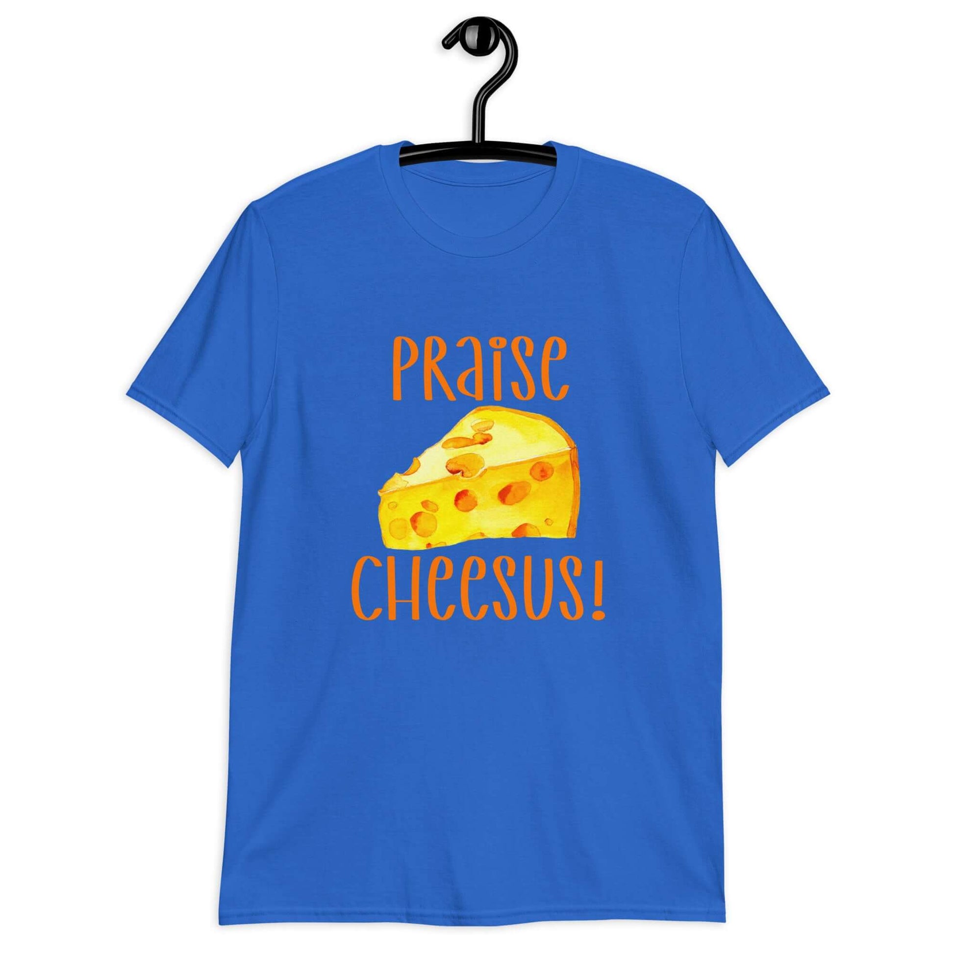 Royal blue t-shirt with funny graphics of a piece of swiss cheese and the words Praise Cheesus printed on the front of the hoodie in yellow and orange.