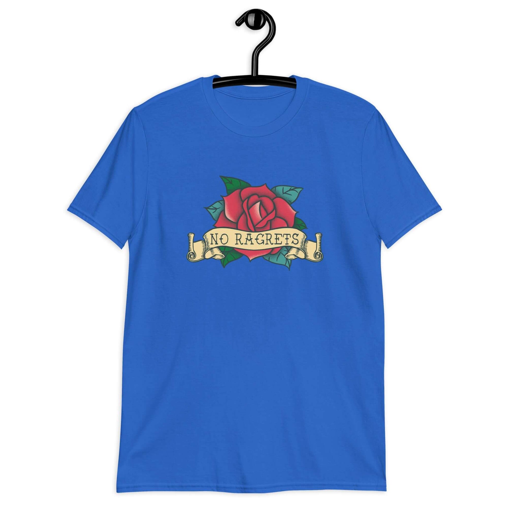 Royal blue t-shirt with a funny image of an old school rose flash tattoo & the words no ragrets. The word regrets is intentionally misspelled.