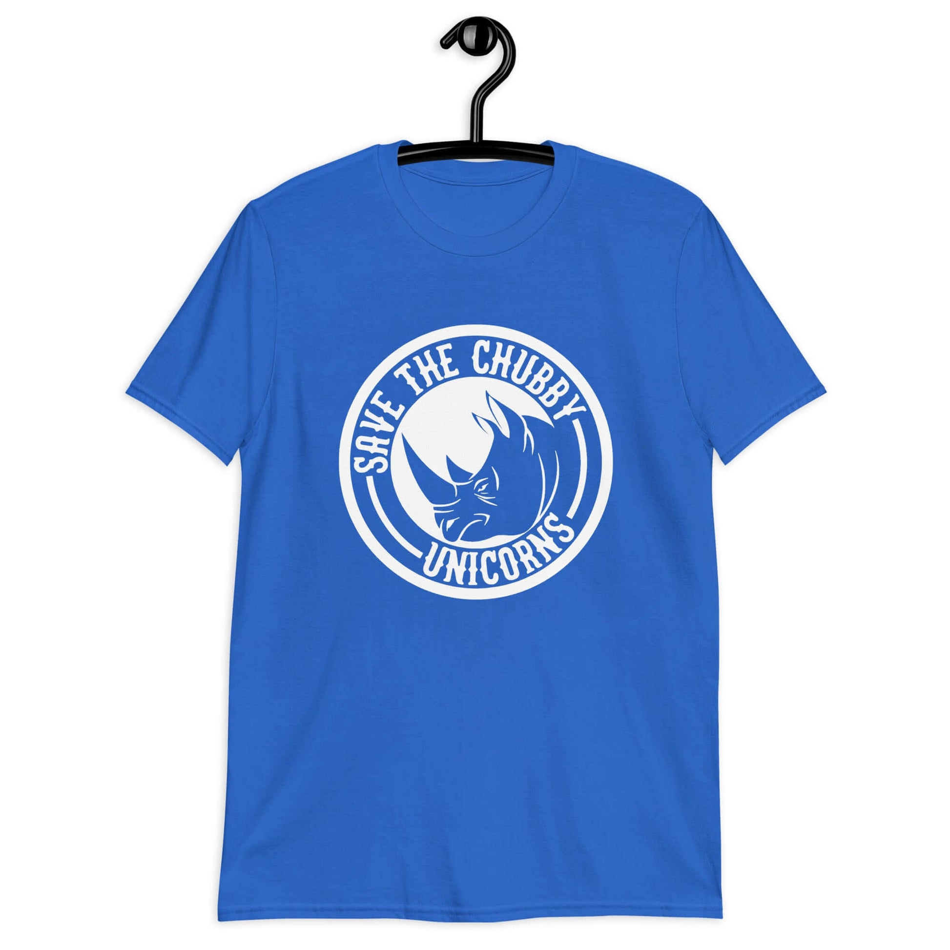 Royal blue t-shirt with a funny graphic of a rhinoceros & the words Save the chubby unicorns printed on the front.