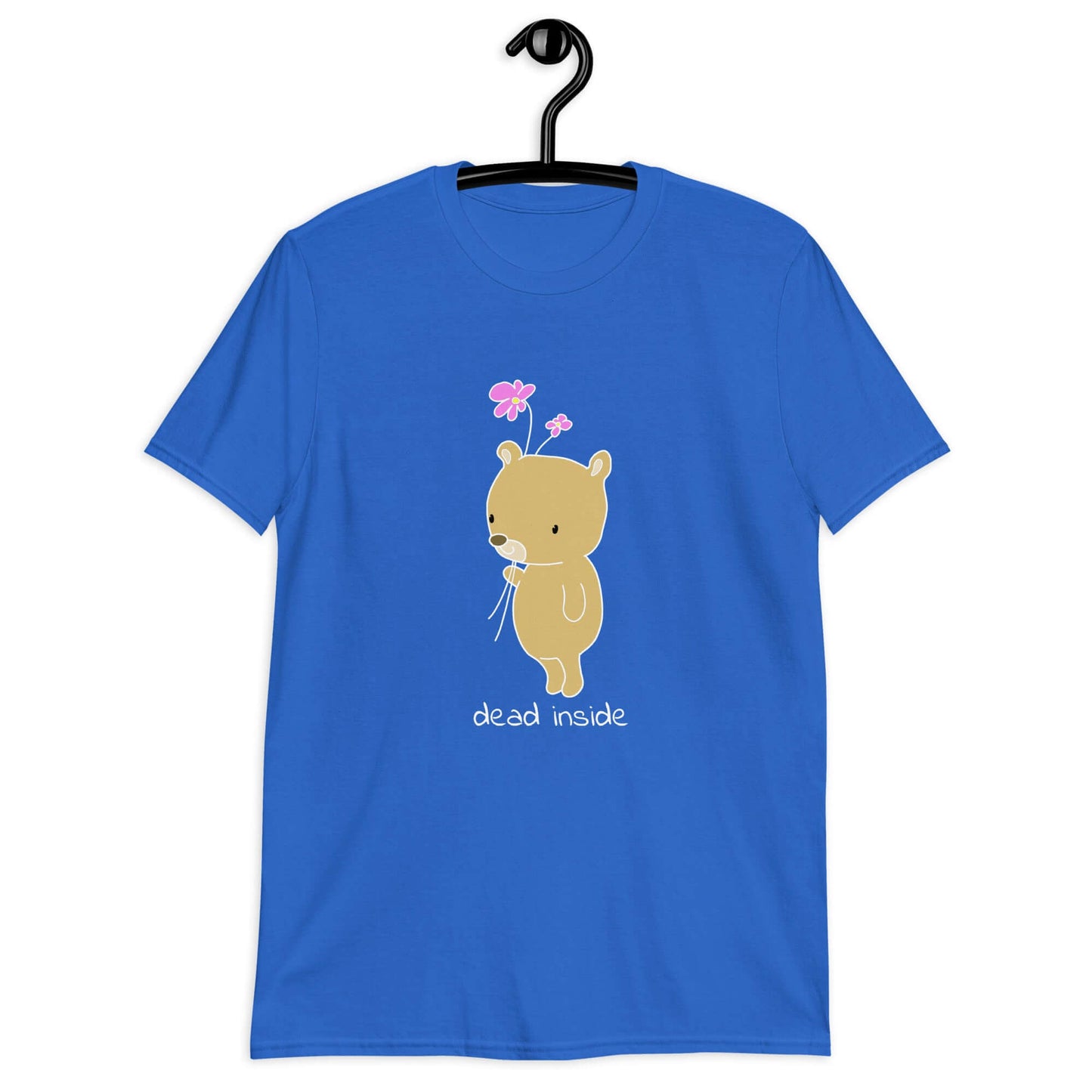 Royal blue t-shirt with an image of a cute bear holding 2 pink flowers. The words Dead inside are printed underneath the bear. The graphics are printed on the front of the shirt.