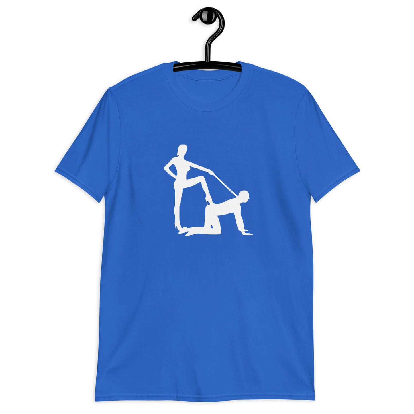 Royal blue t-shirt with the image of a silhouette of a man on his hands and knees and a dominatrix holding his leash printed on the front.