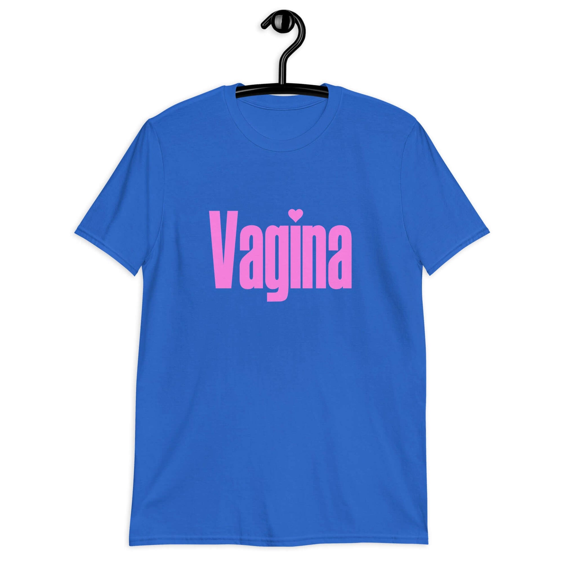 Royal blue t-shirt with the word Vagina printed on the front. The word vagina is in pink color text.