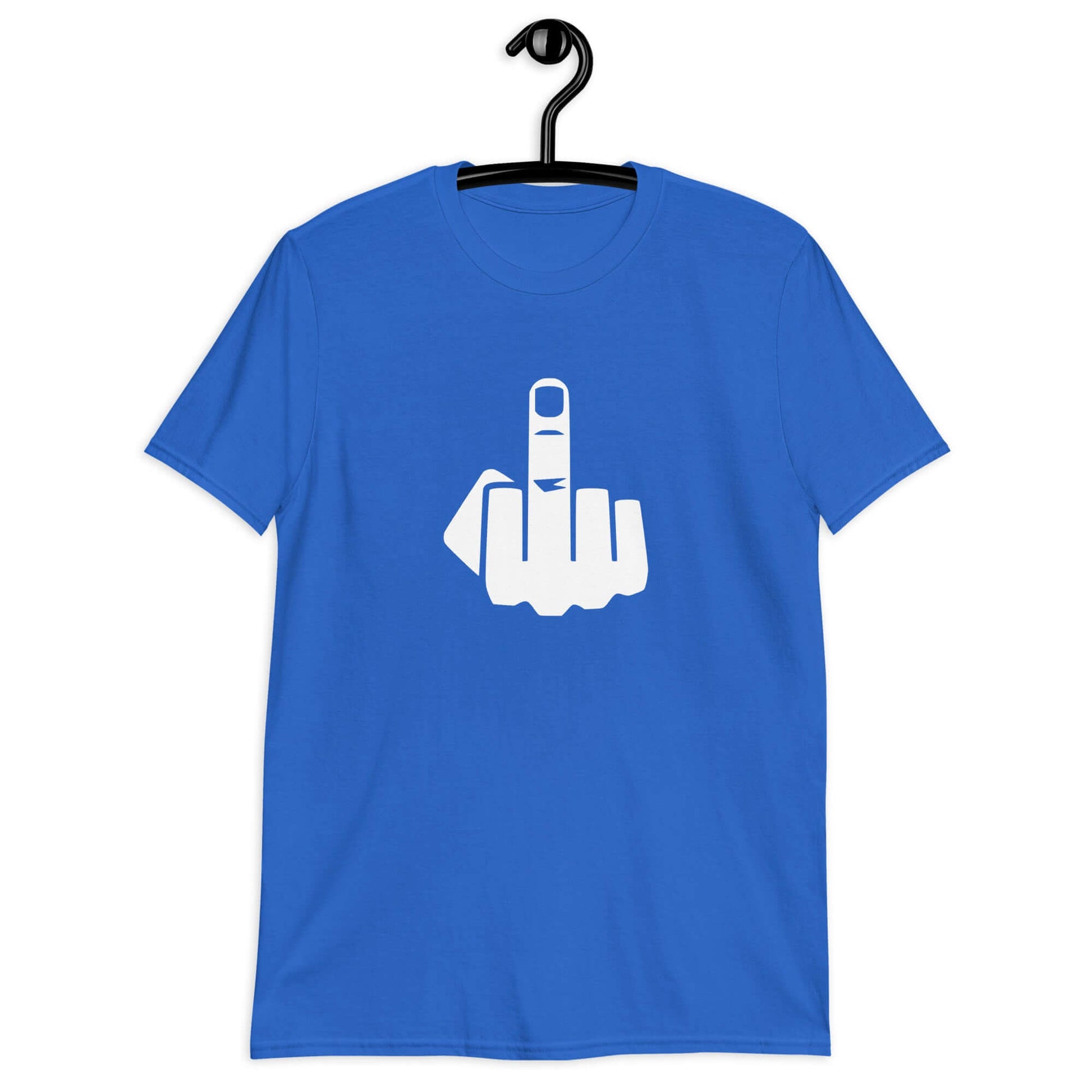 Royal blue t-shirt with an image of middle finger silhouette printed on the front.