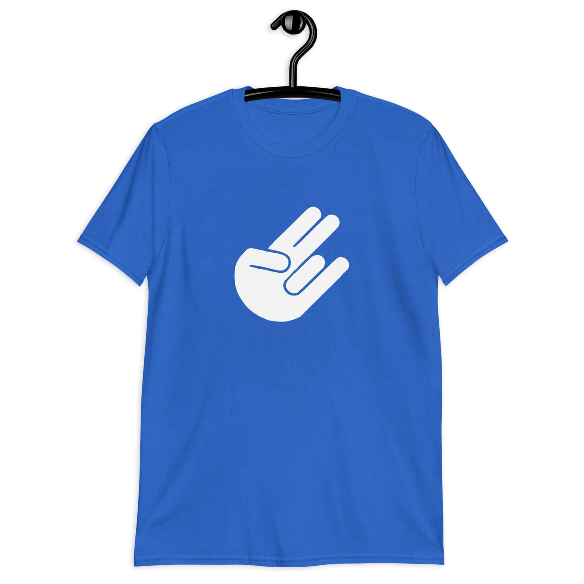 Royal blue t-shirt with the universal symbol for The Shocker printed on the front.