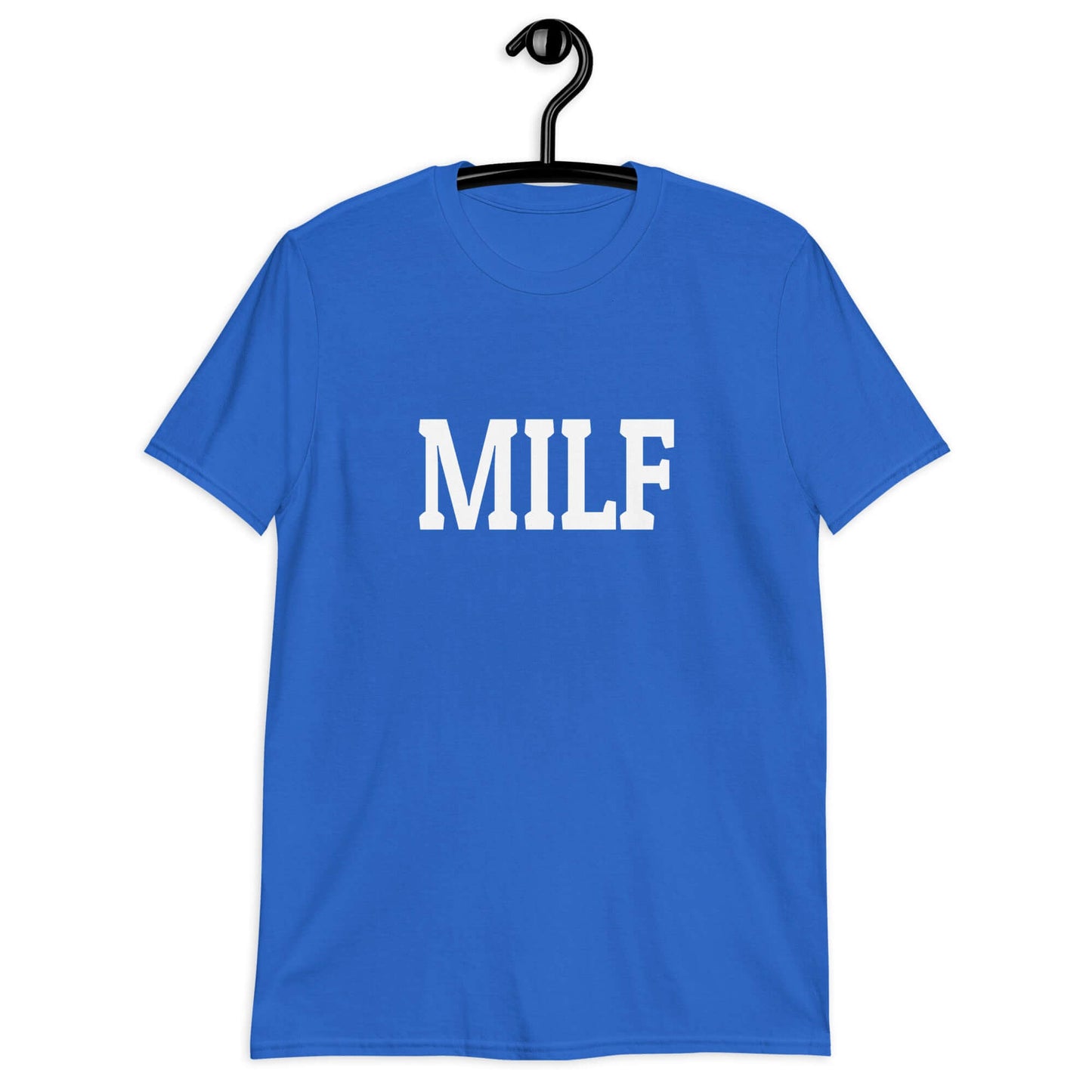 Royal blue t-shirt with the acronym MILF printed on the front.