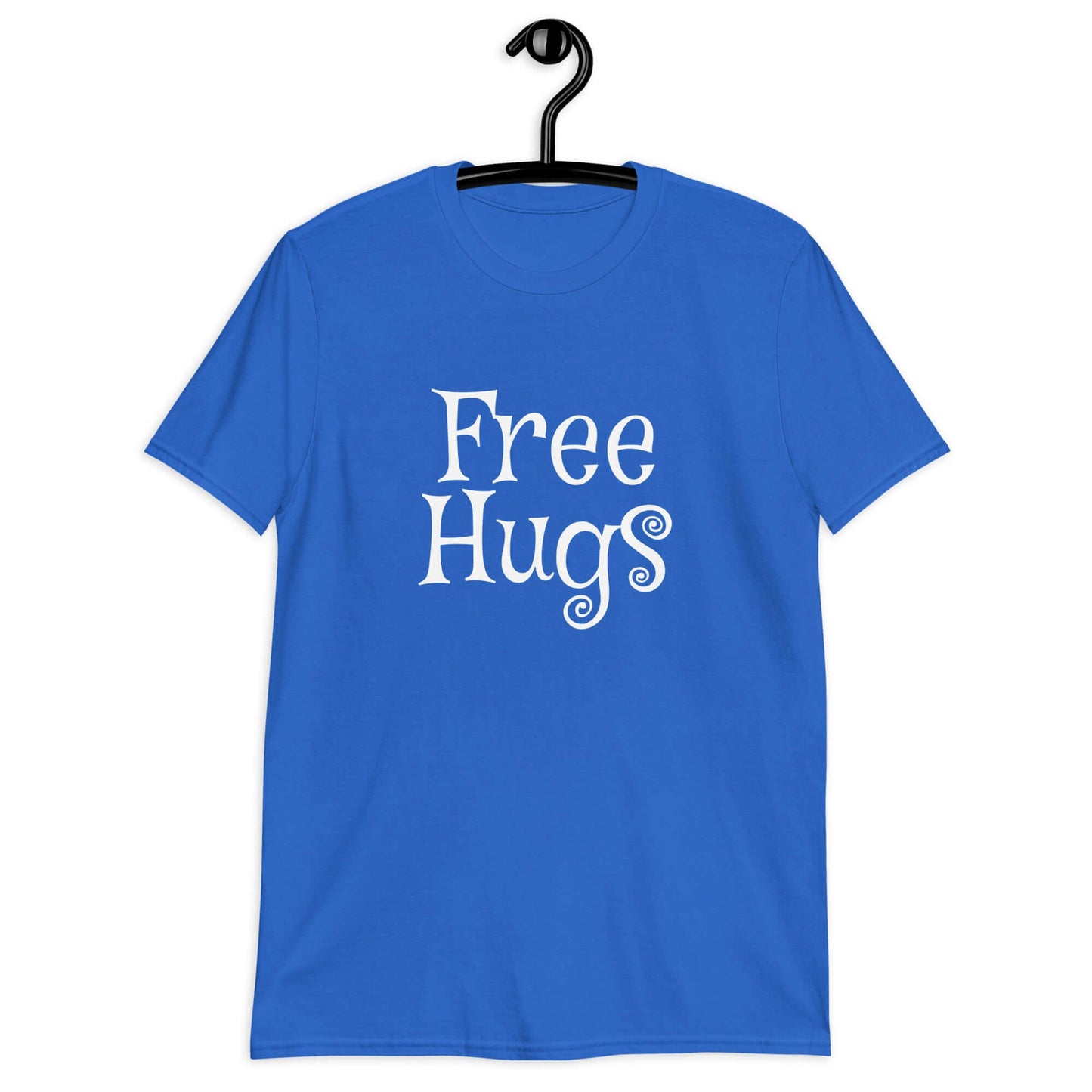 Royal blue t-shirt with the words Free Hugs printed on the front.