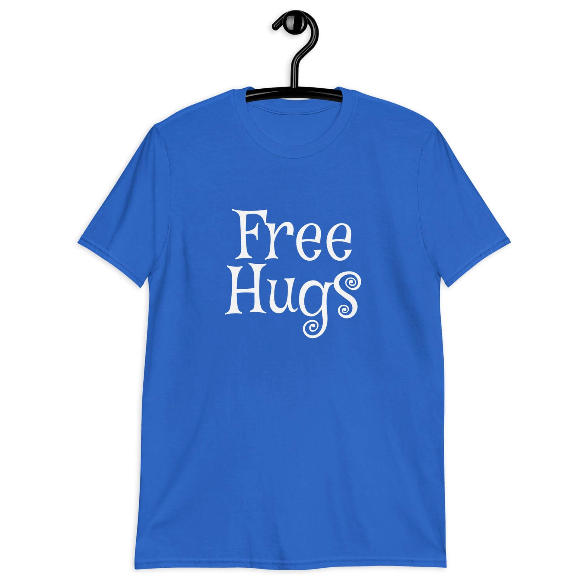 Royal blue t-shirt with the words Free Hugs printed on the front.