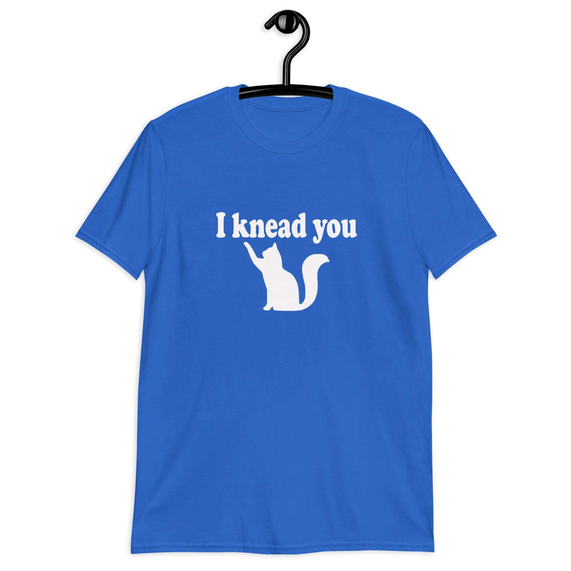 Royal blue t-shirt that has an image of a silhouette of a cat and the words I knead you printed on the front.