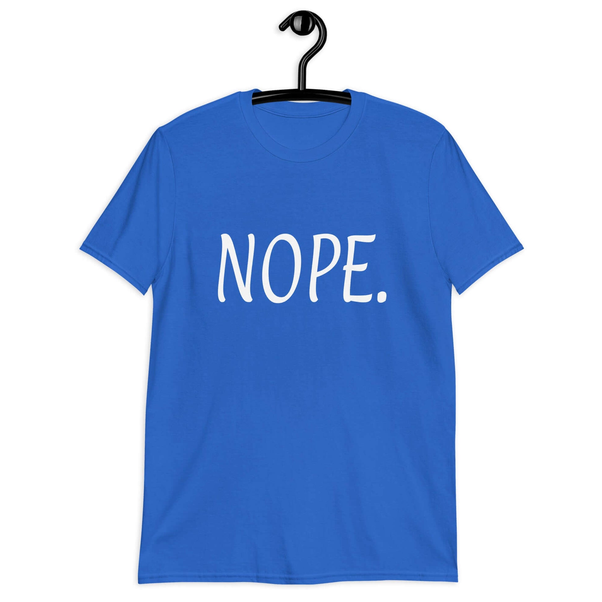 Royal blue t-shirt with the word Nope printed on the front.