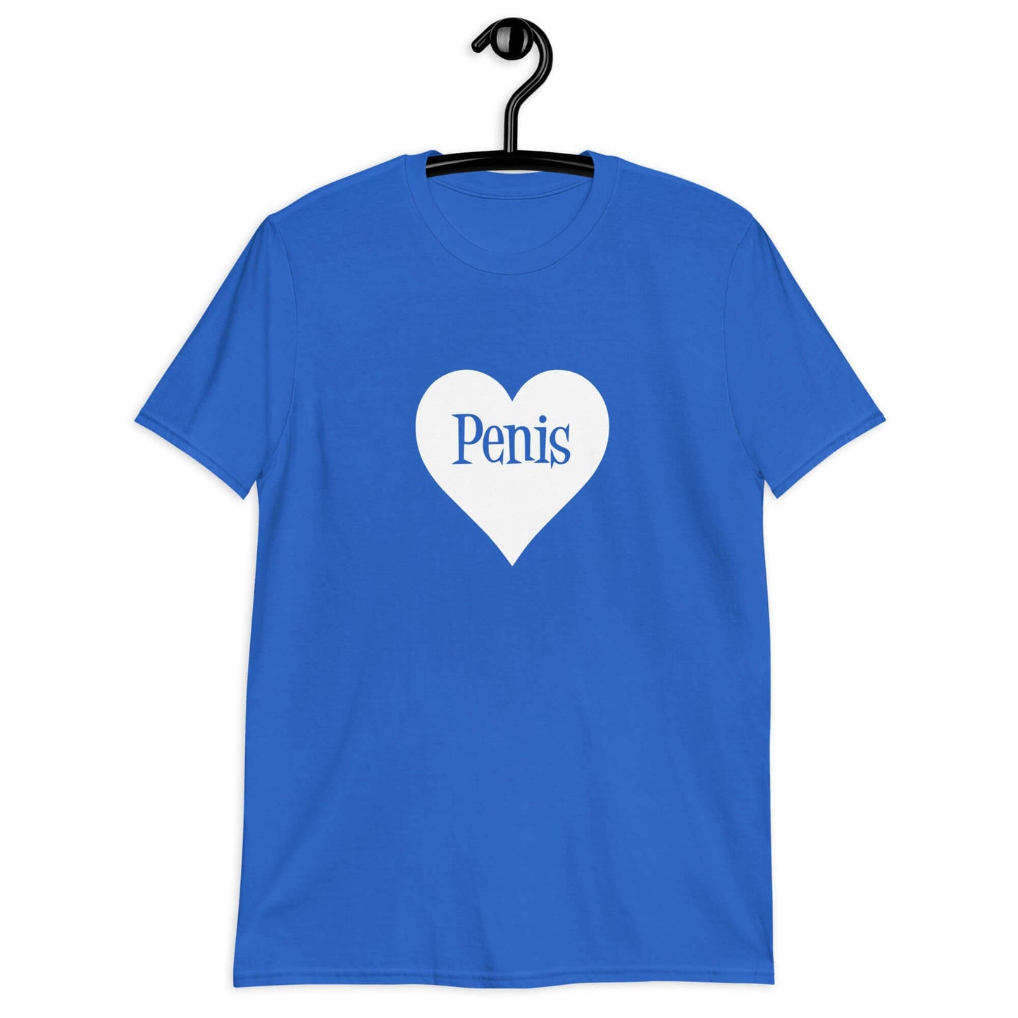 Royal blue t-shirt with a heart image printed on the front. The word penis is inside the heart