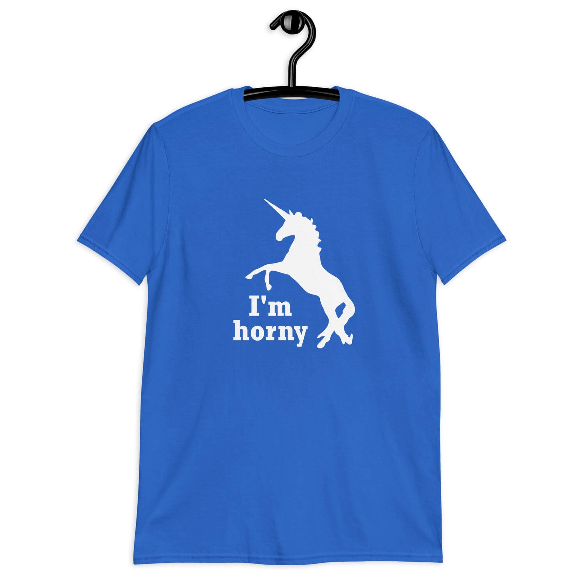 Royal blue t-shirt with an image of the silhouette of a unicorn and the words I'm horny printed on the front.