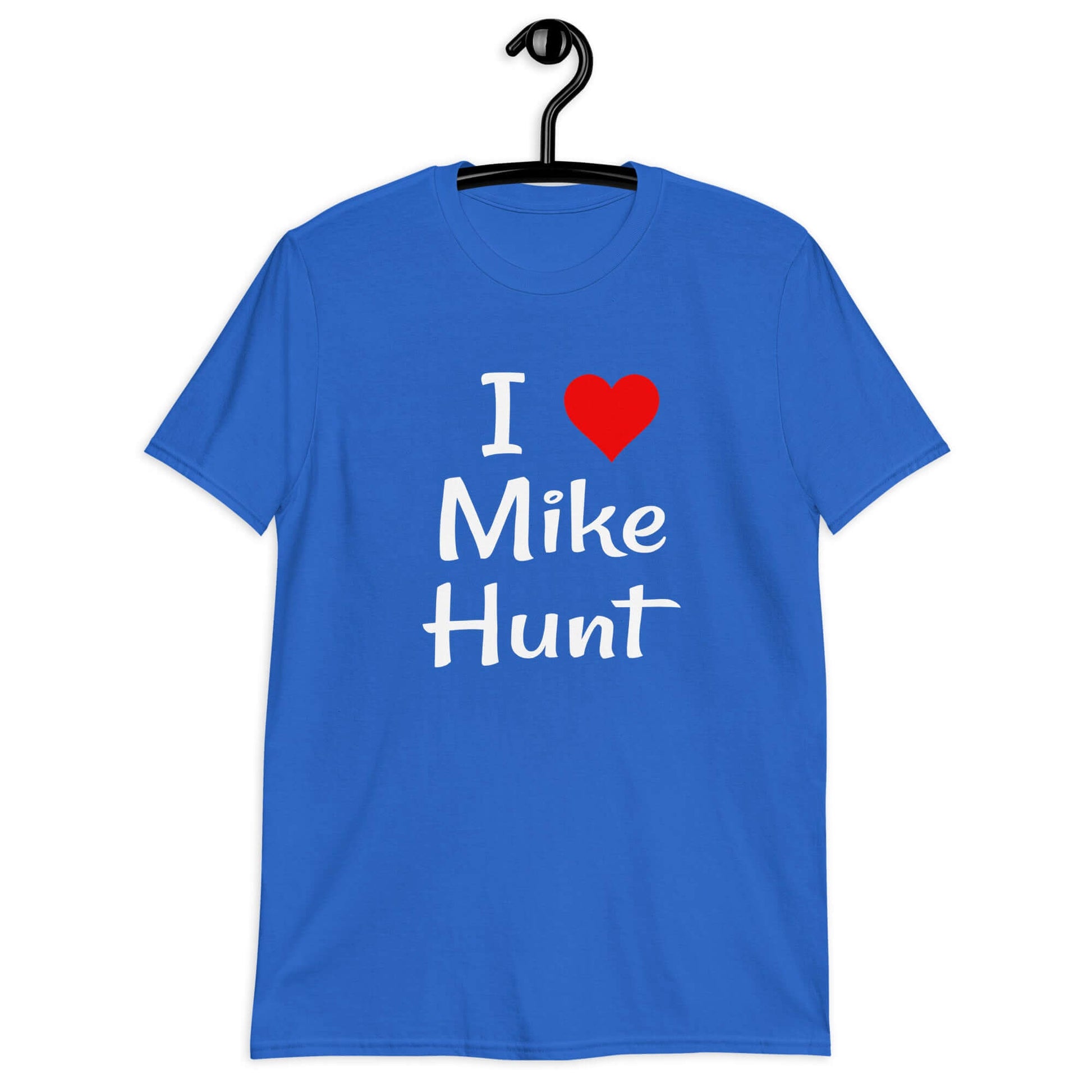 Royal blue t-shirt with pun I heart Mike Hunt printed on the front. The heart is red.