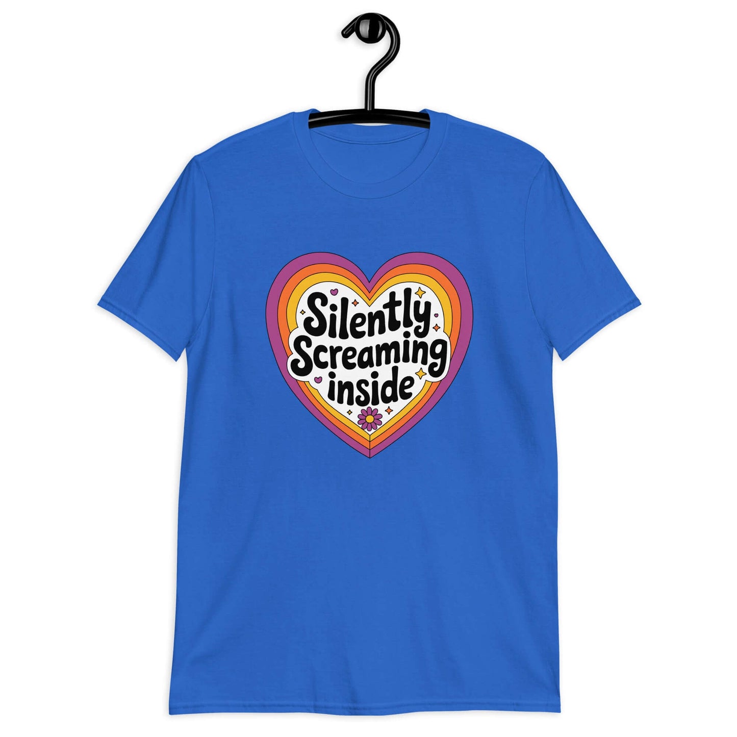 Royal blue t-shirt with a graphic that says Silently screaming inside. The graphics are printed on the front of the shirt.