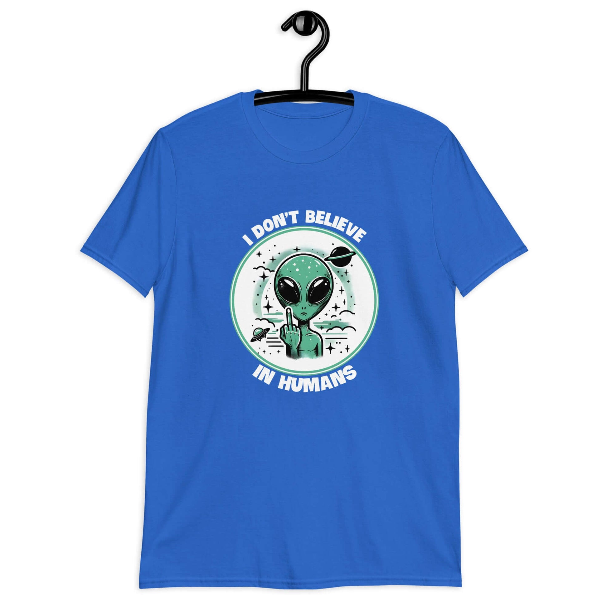 Royal blue t-shirt with an image of an alien flipping the middle finger. The words I don't believe in humans are printed around the image. The graphics are printed on the front of the shirt.