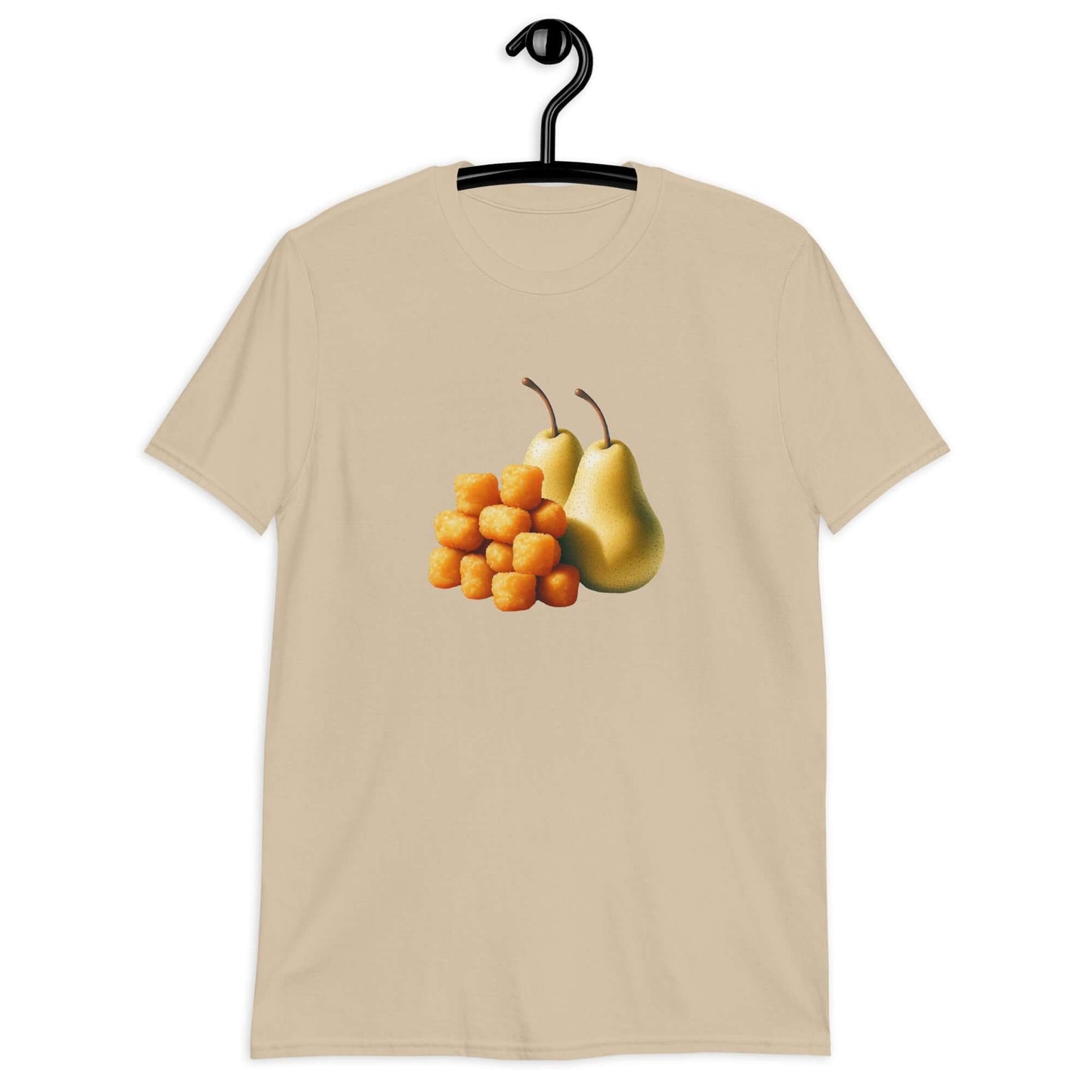 San color t-shirt with an image of tater tots and two pears printed on the front.