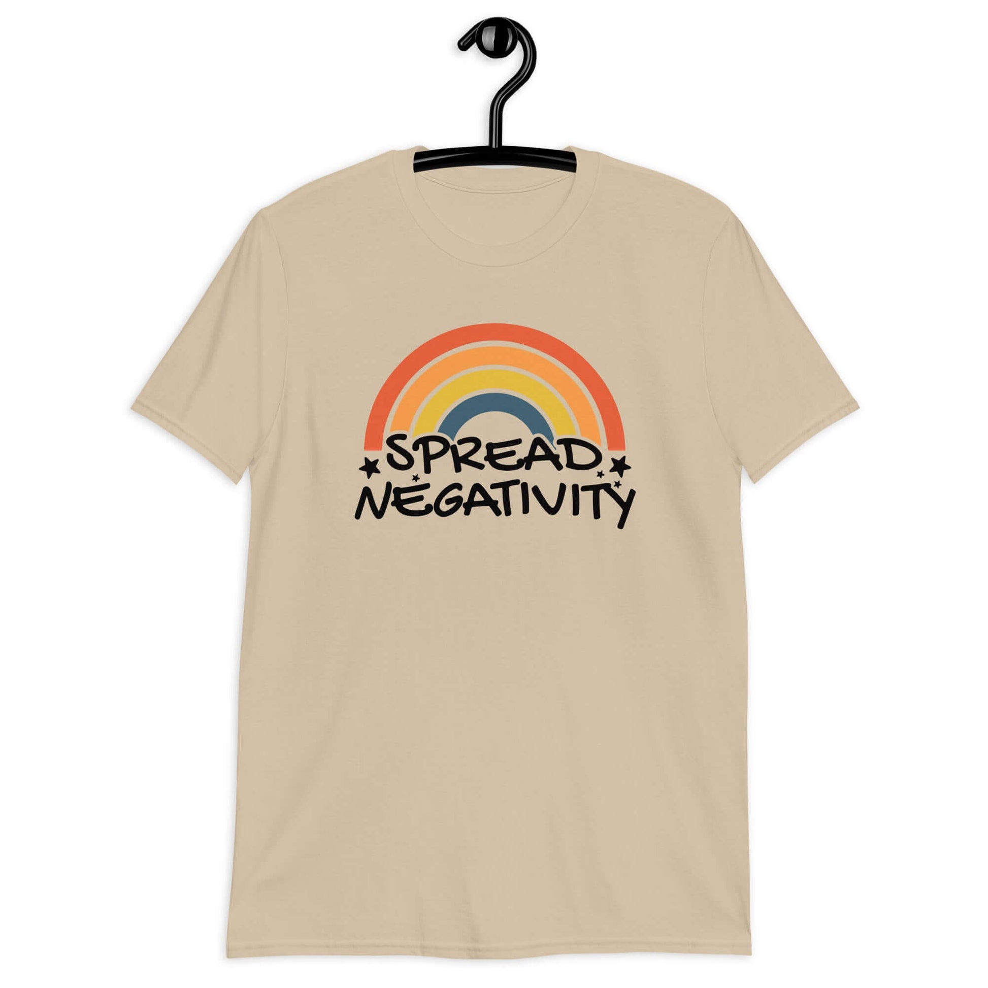 Sand t-shirt with a graphic of a rainbow and the words Spread negativity printed on the front.