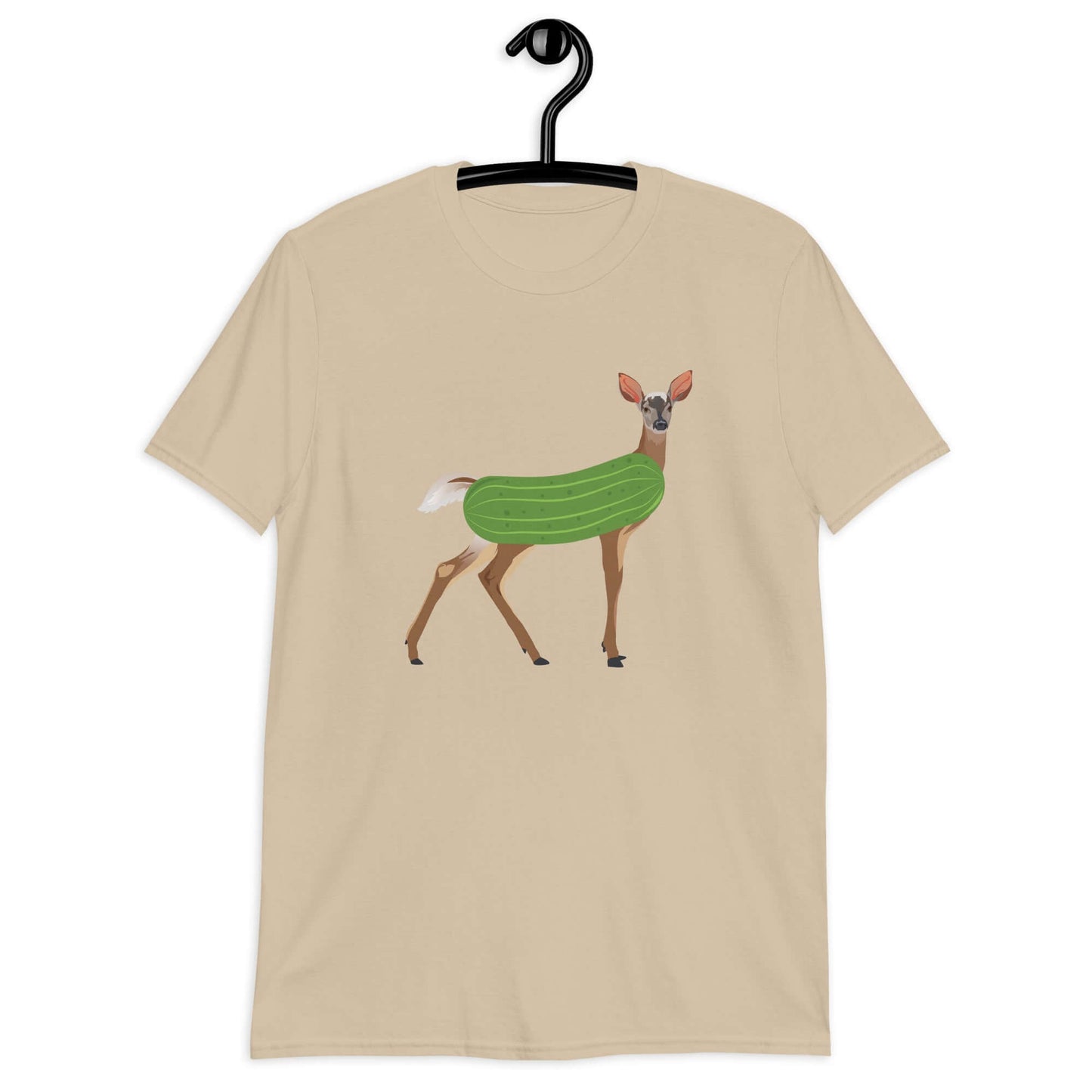 Sand dildo pun t-shirt with funny image of a doe deer with a dill pickle body printed on the front.