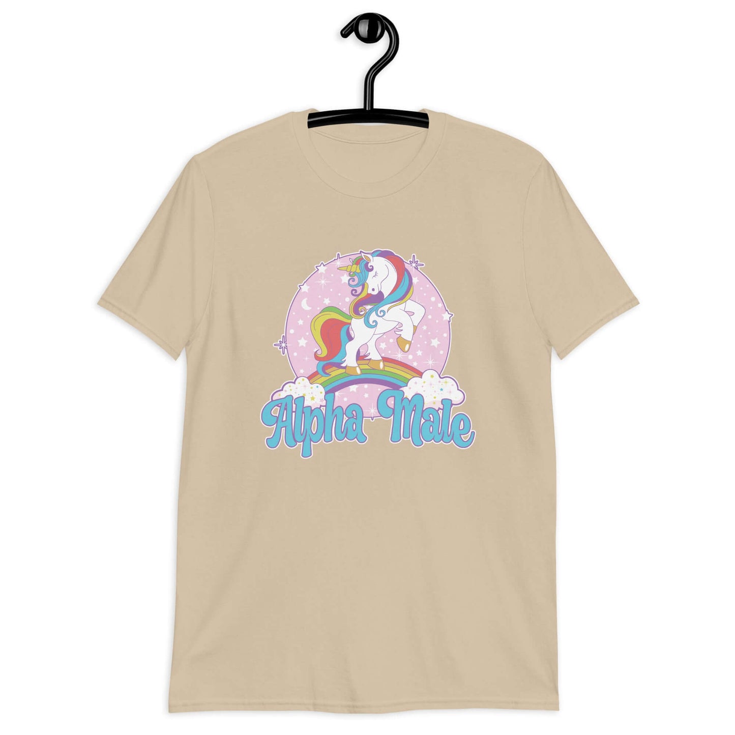 Sand t-shirt with funny pastel rainbow unicorn graphics and the words Alpha Male printed on the front.