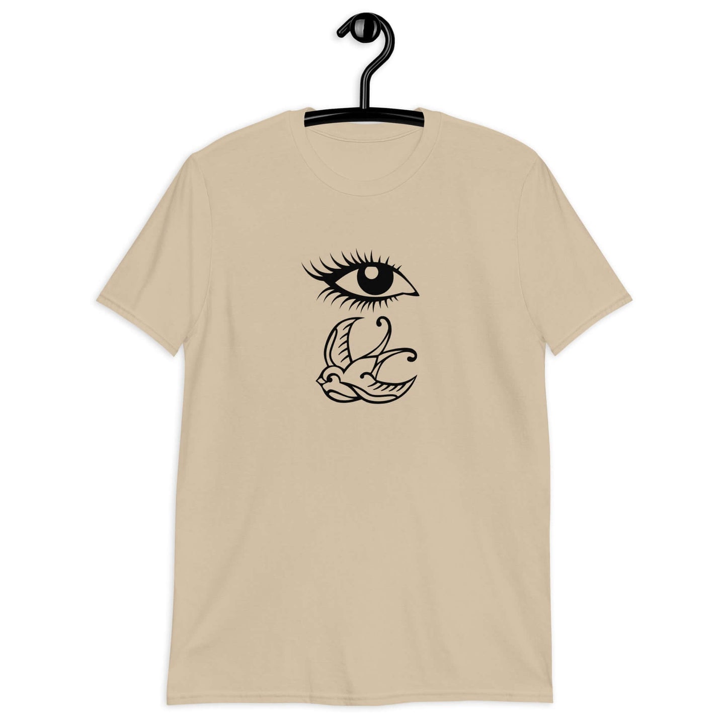 Sand t-shirt with outline drawing of an eye and a swallow bird printed on the front.