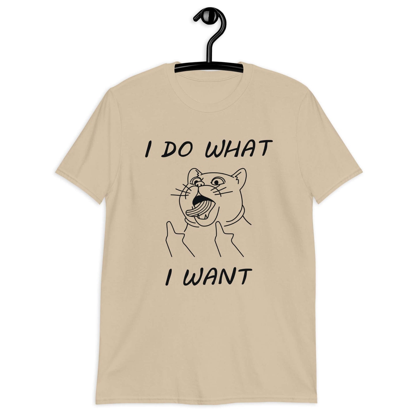 Sand color t-shirt with cat flipping middle fingers and the words I do what I want printed on the front.