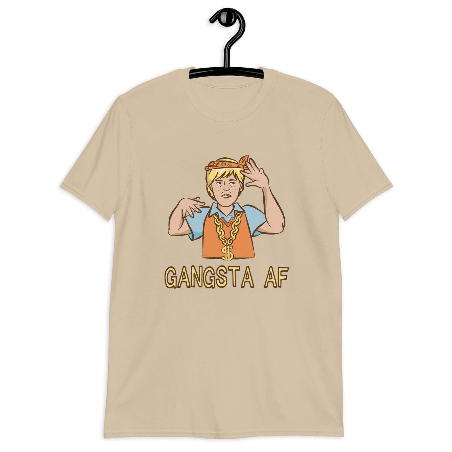 Sand color t-shirt with a parody image of a blond haired child trying to be a gangster with the words Gangsta AF printed on the front.