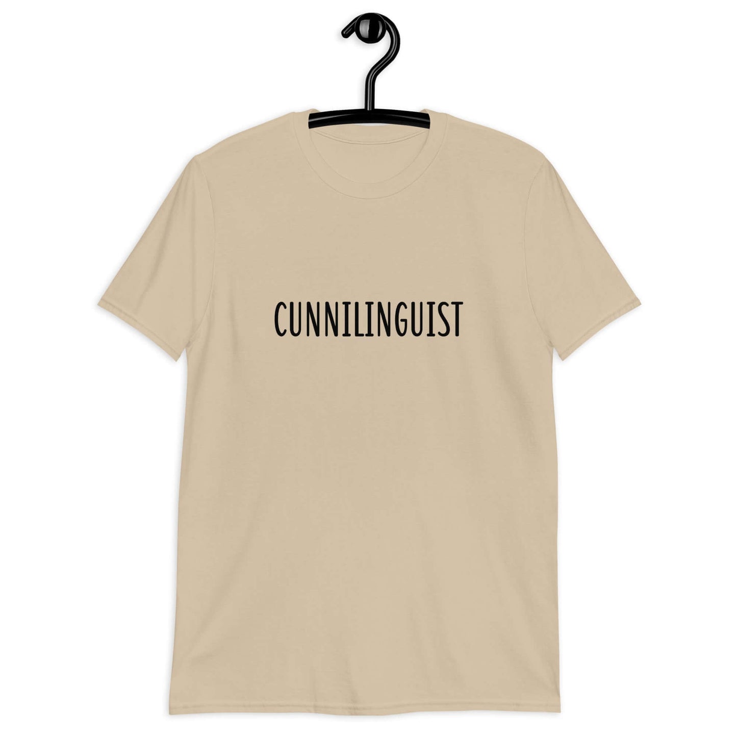 Sand color t-shirt with the word Cunnilinguist printed on the front.