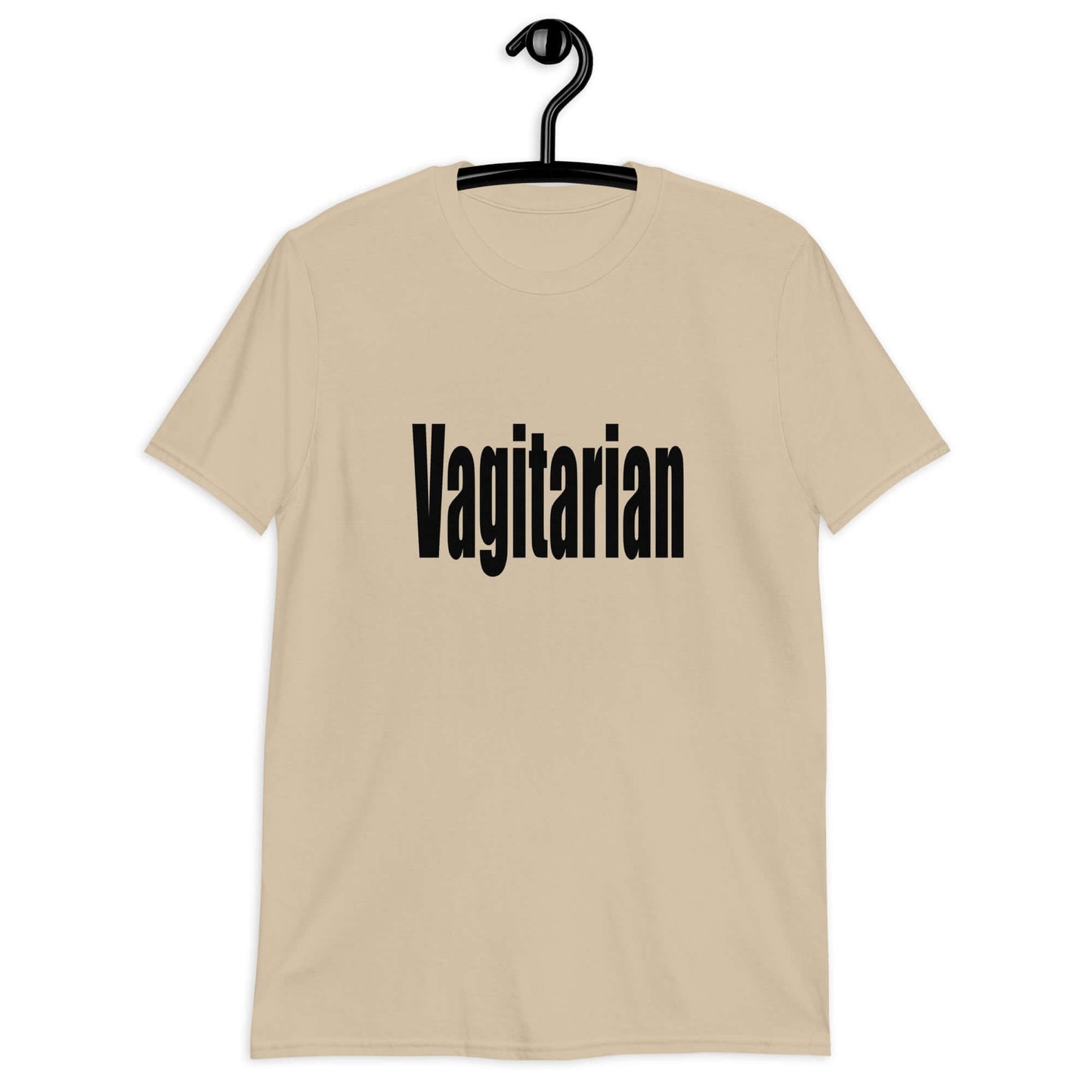 Sand t-shirt with the word Vagitarian printed on the front.