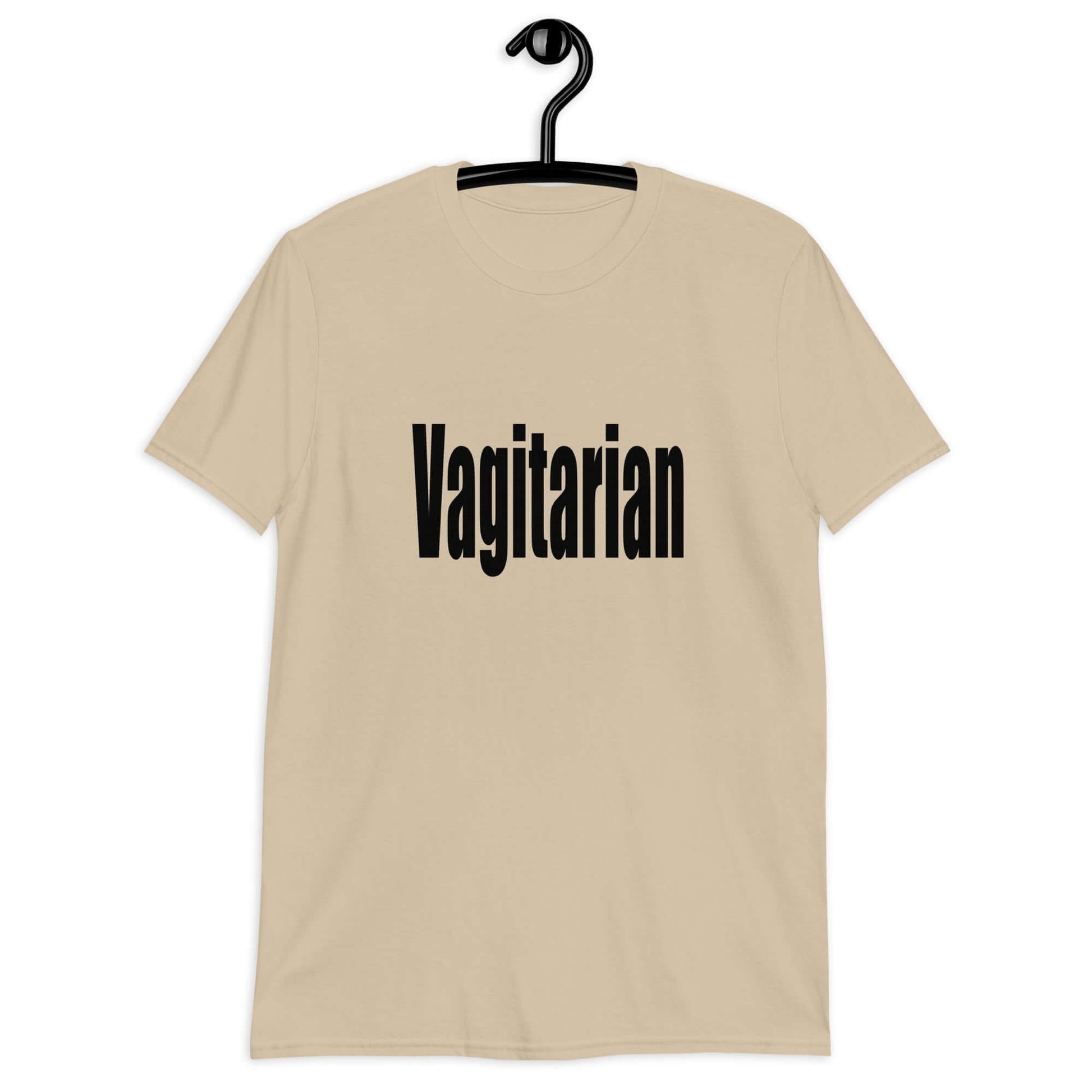 Sand t-shirt with the word Vagitarian printed on the front.