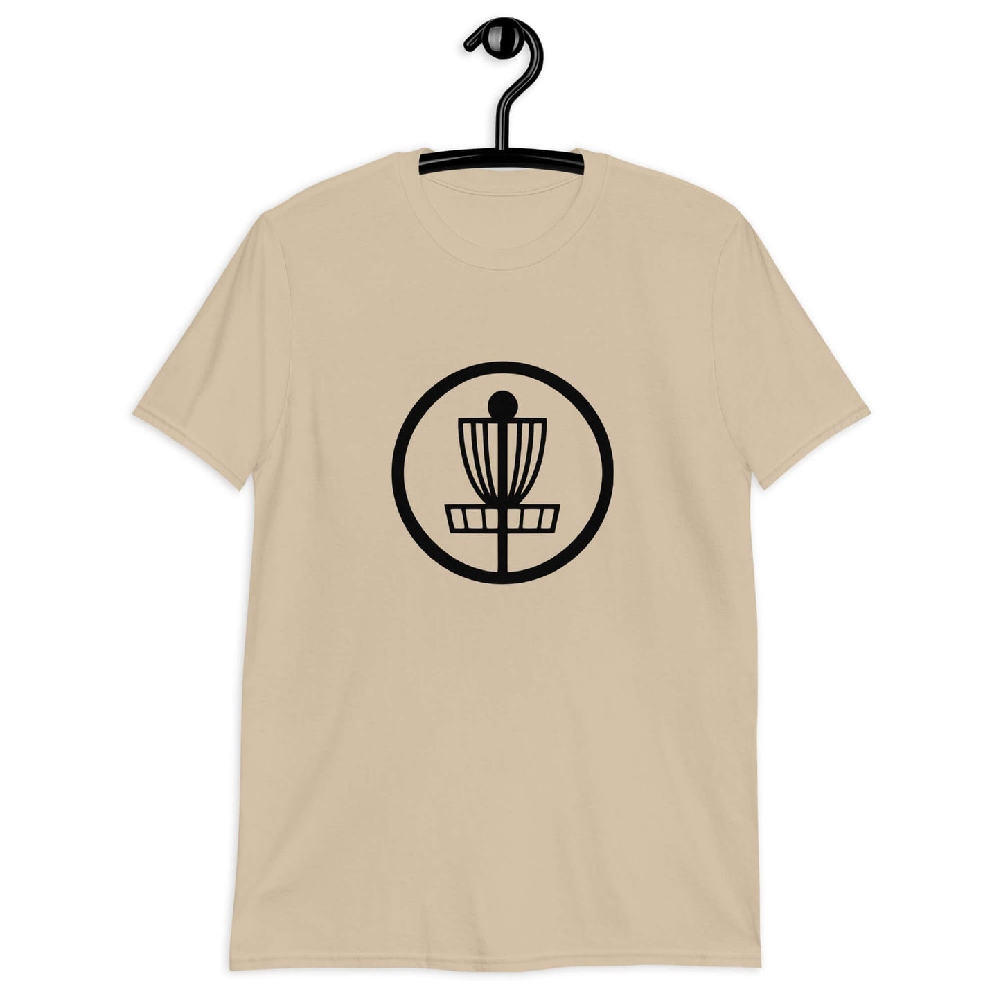 Sand t-shirt with an image of disc golf basket silhouette with a circle around it printed on the front.