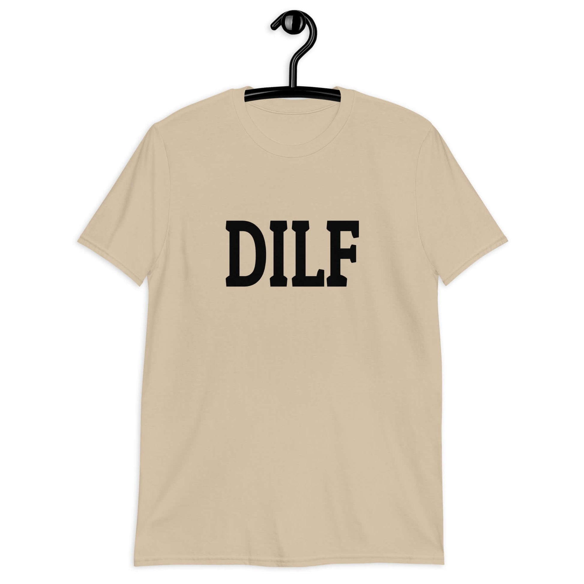 Sand t-shirt with the acronym DILF printed on the front.