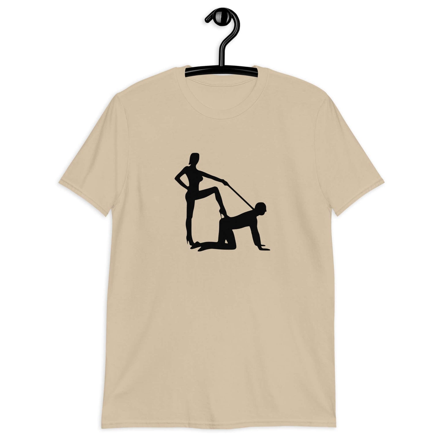 Sand t-shirt with the image of a silhouette of a man on his hands and knees and a dominatrix holding his leash printed on the front.