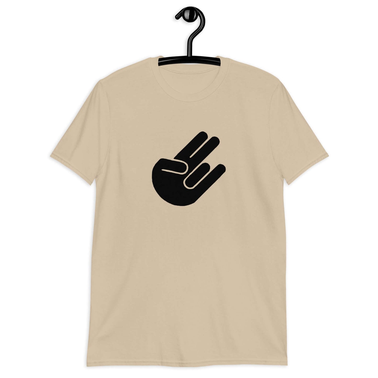 Sand t-shirt with the universal symbol for The Shocker printed on the front.