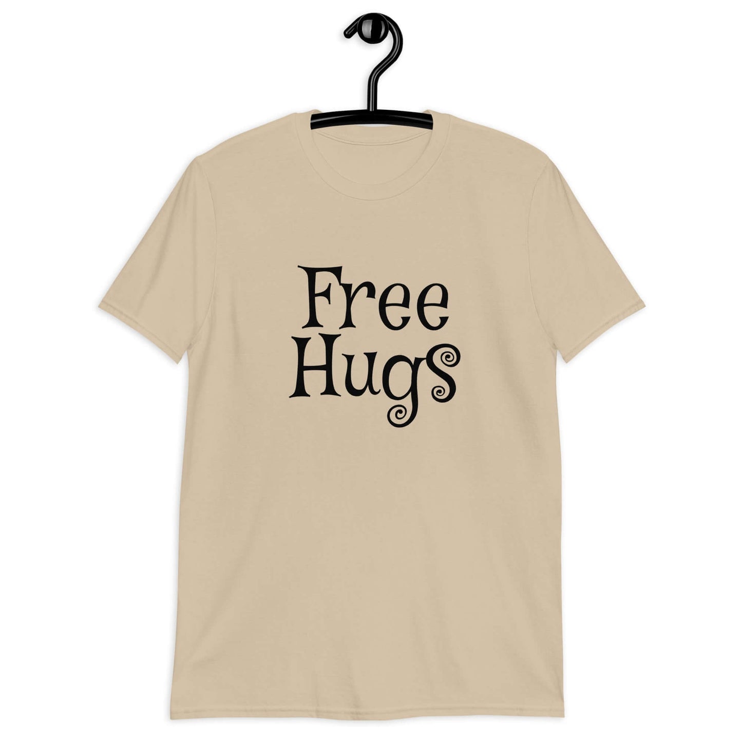 Sand t-shirt with the words Free Hugs printed on the front.