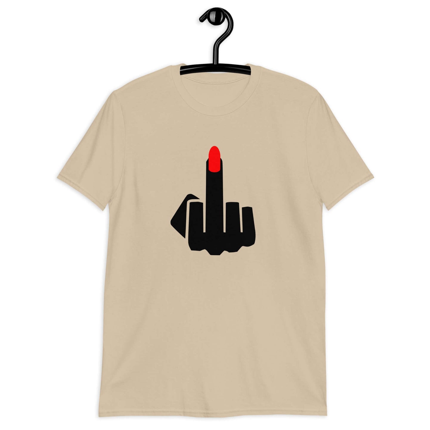 Sand color t-shirt with an image of a middle finger with long red fingernail silhouette printed on the front.