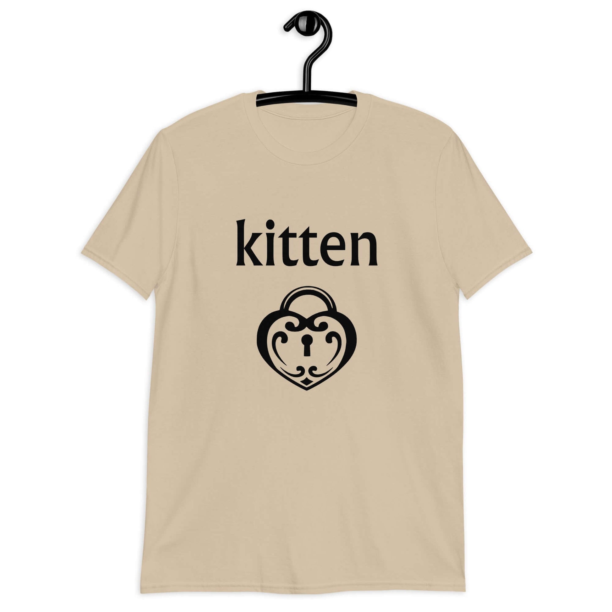 Sand color t-shirt with an image of a heart shaped lock and the word kitten printed on the front.