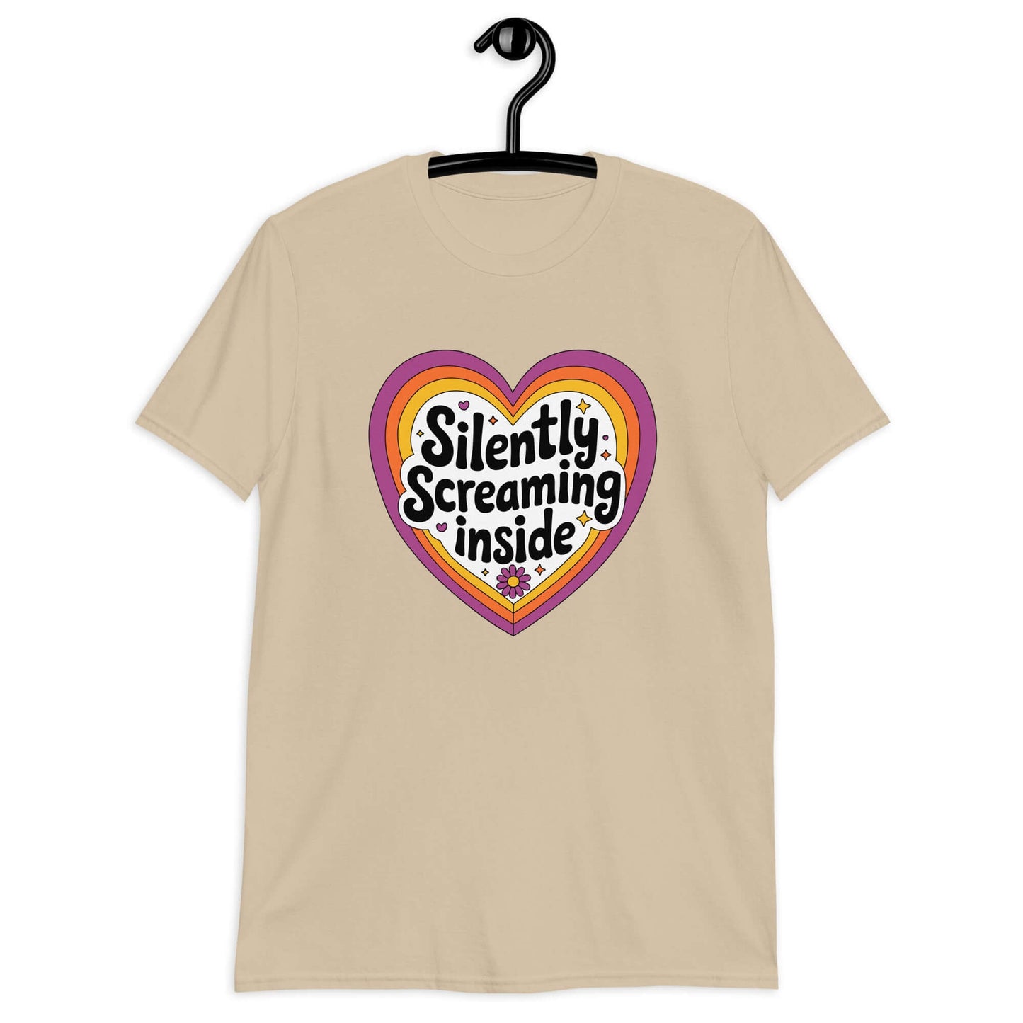 Sand color t-shirt with a graphic that says Silently screaming inside. The graphics are printed on the front of the shirt.