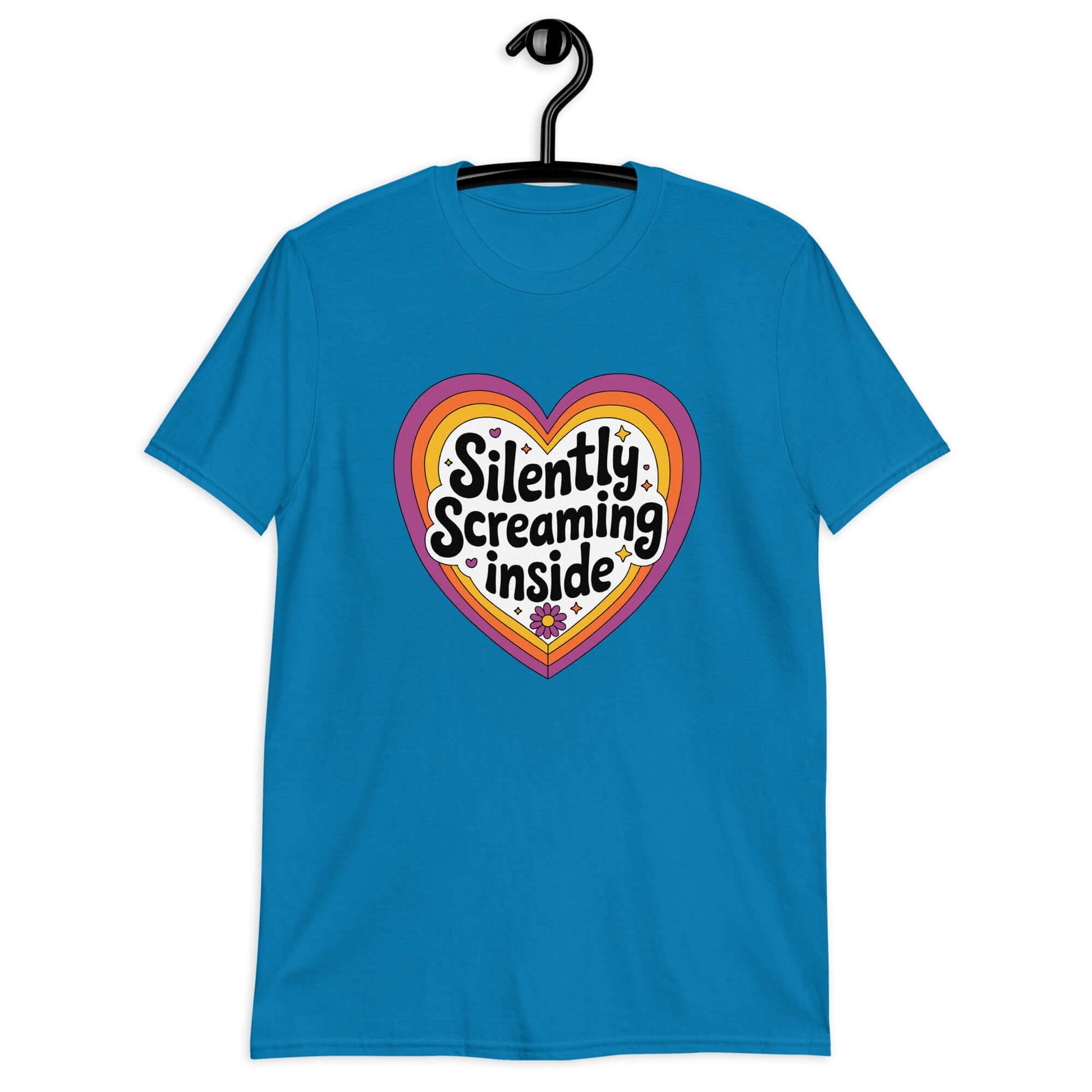 Sapphire blue t-shirt with a graphic that says Silently screaming inside. The graphics are printed on the front of the shirt.