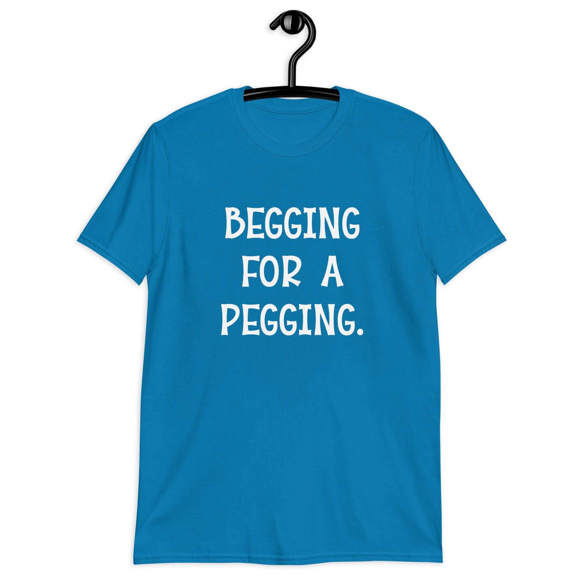 Sapphire blue t-shirt with the words Begging for a pegging printed on the front.