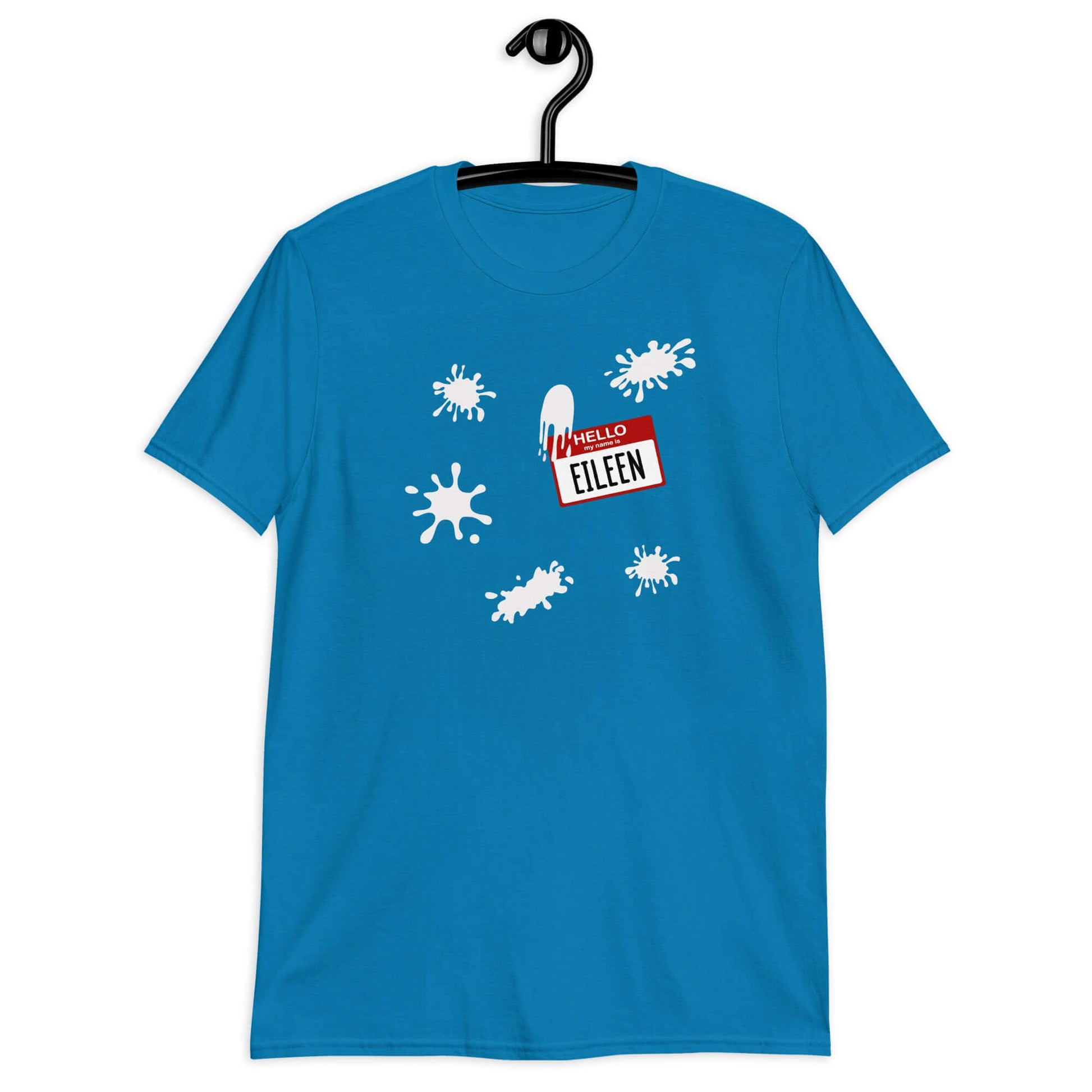 Sapphire blue t-shirt with Eileen name tag and white splatters printed on the front.