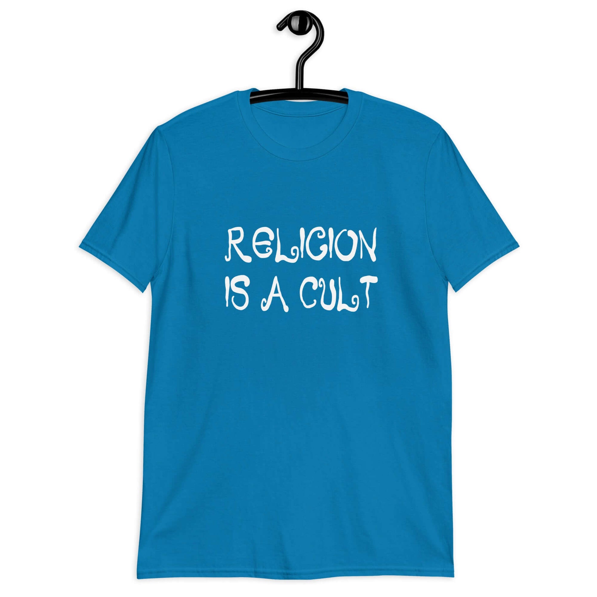 Sapphire blue t-shirt with the phrase Religion is a cult printed on the front.