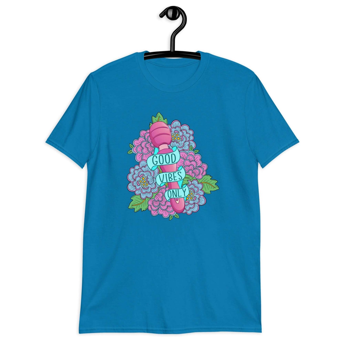 Sapphire blue t-shirt with graphic design that has the words Good vibes only layered over a pink wand vibrator with flowers around. The graphic design is printed on the front of the shirt.