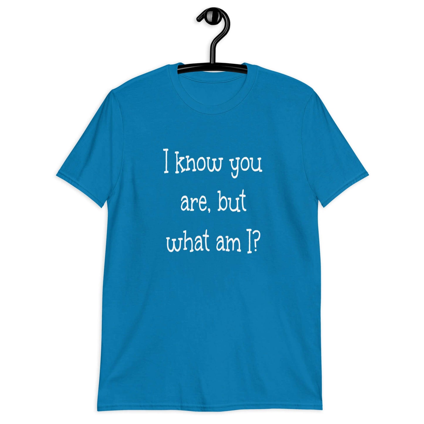 Sapphire blue t-shirt with the childish phrase I know you are but what am I with a question mark printed on the front.