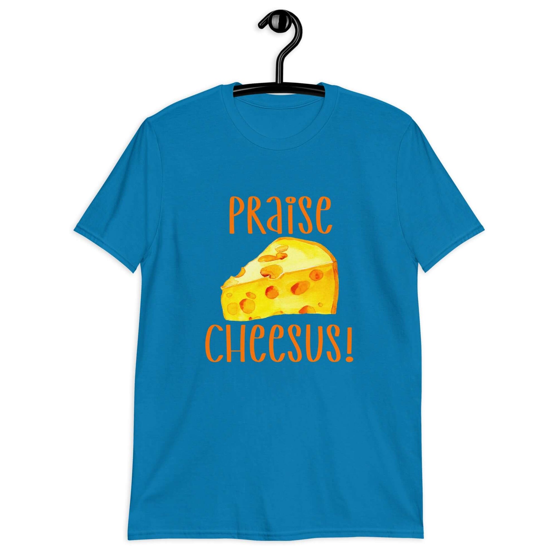 Sapphire blue t-shirt with funny graphics of a piece of swiss cheese and the words Praise Cheesus printed on the front of the hoodie in yellow and orange.