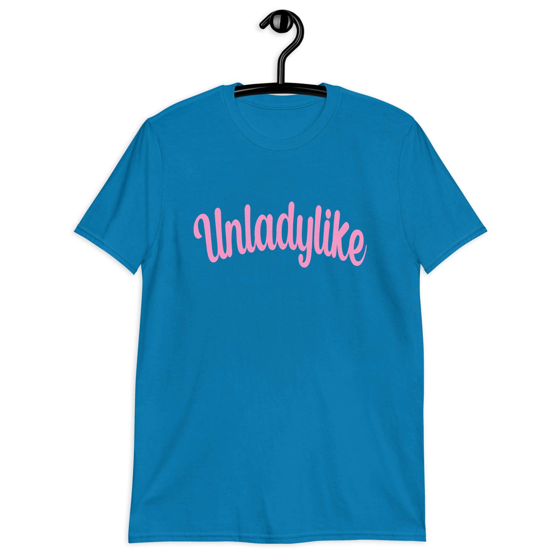 Sapphire blue t-shirt with the word Unladylike printed on the front in pink.