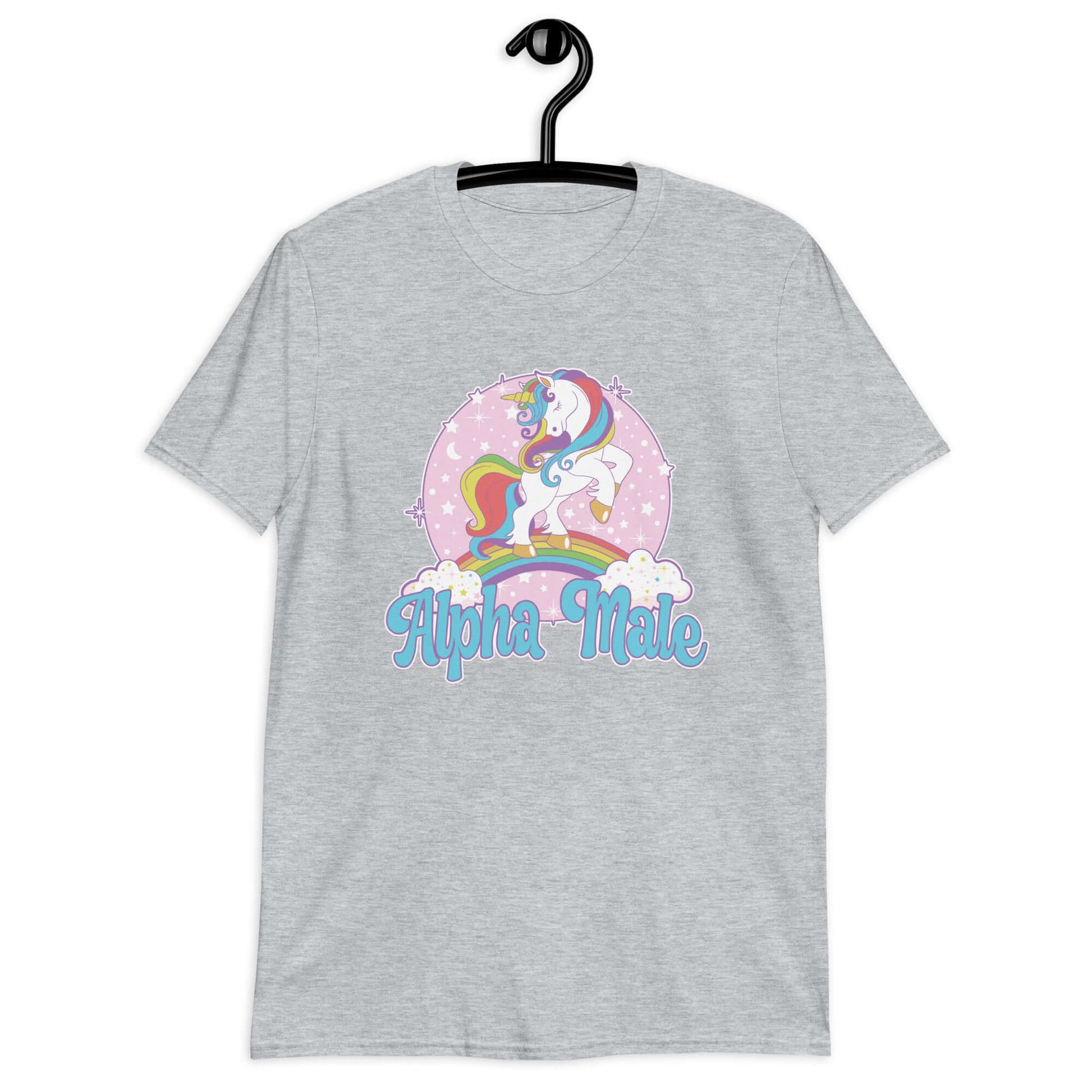 Sport grey t-shirt with funny pastel rainbow unicorn graphics and the words Alpha Male printed on the front.