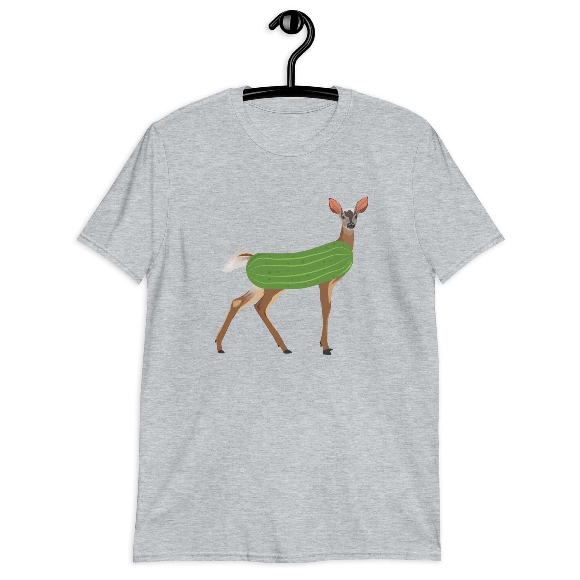 Sport grey dildo pun t-shirt with funny image of a doe deer with a dill pickle body printed on the front.