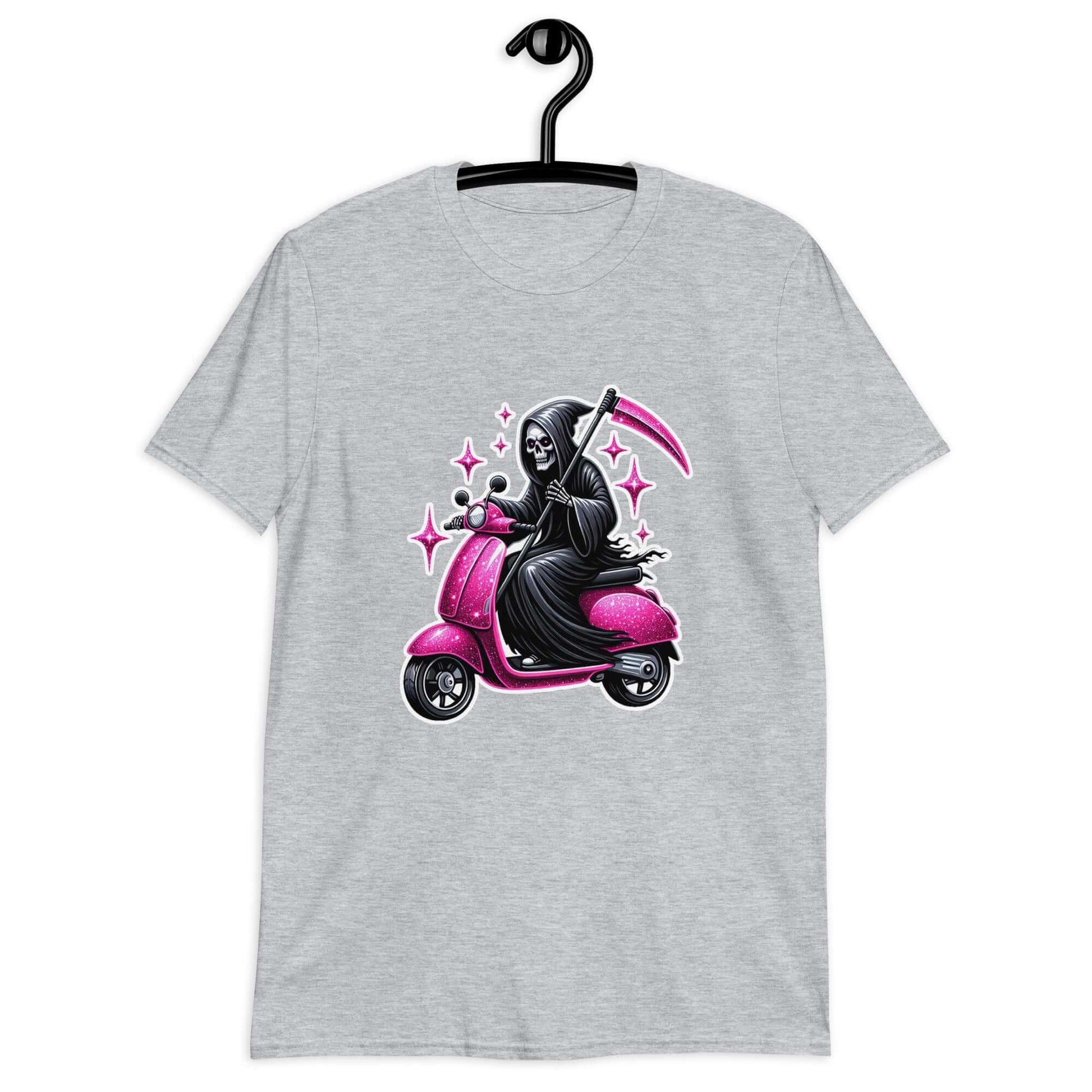 Light grey t-shirt with an image of the Grim Reaper riding on a glam pink scooter printed on the front.