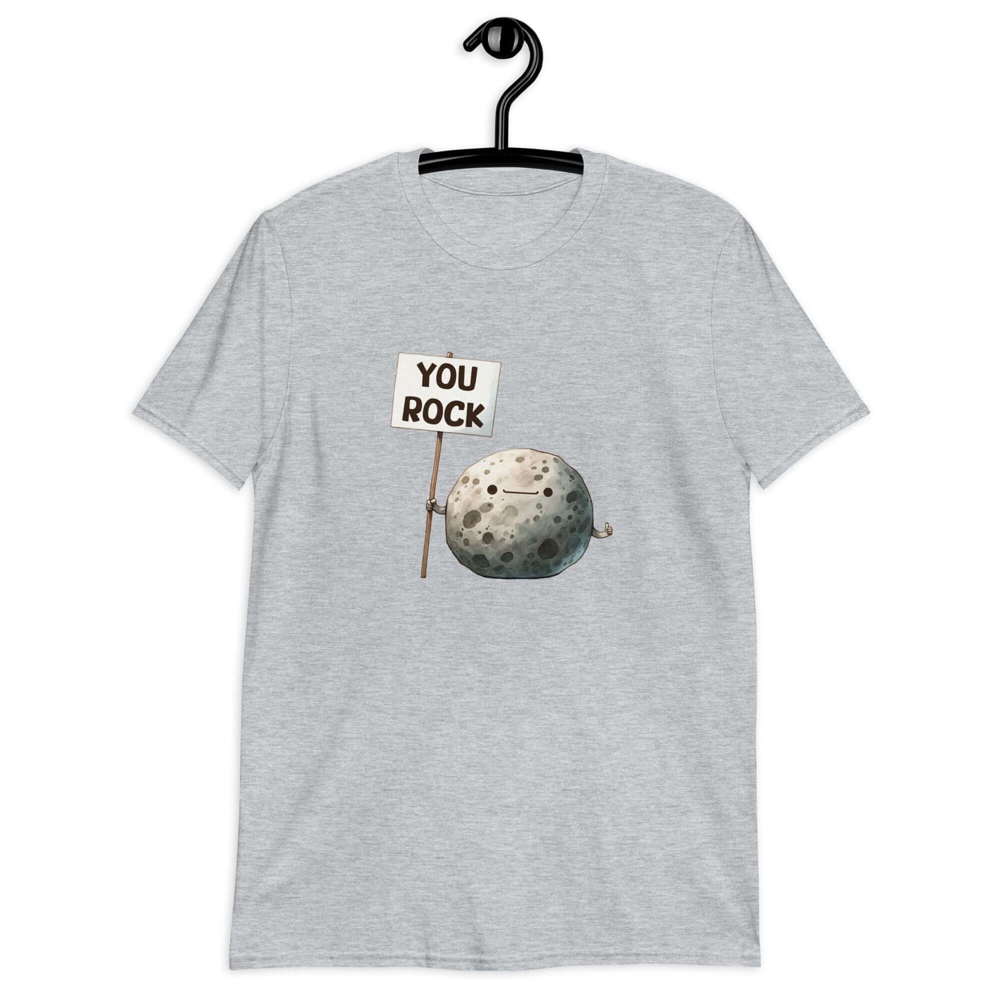 Light sport grey t-shirt that has an image of a grey rock that is holding a sign. The sign says You Rock. The image is printed on the front of the t-shirt..