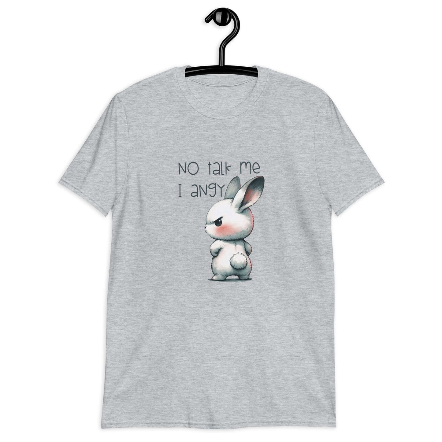 Light sport grey t-shirt with an image of an angry bunny with the phrase No talk me I angy printed on the front.